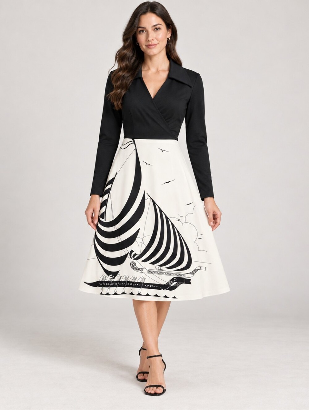 Vintage 60s 70s Alfred Shaheen Hawaii Midi Dress Black White Viking Ship Print